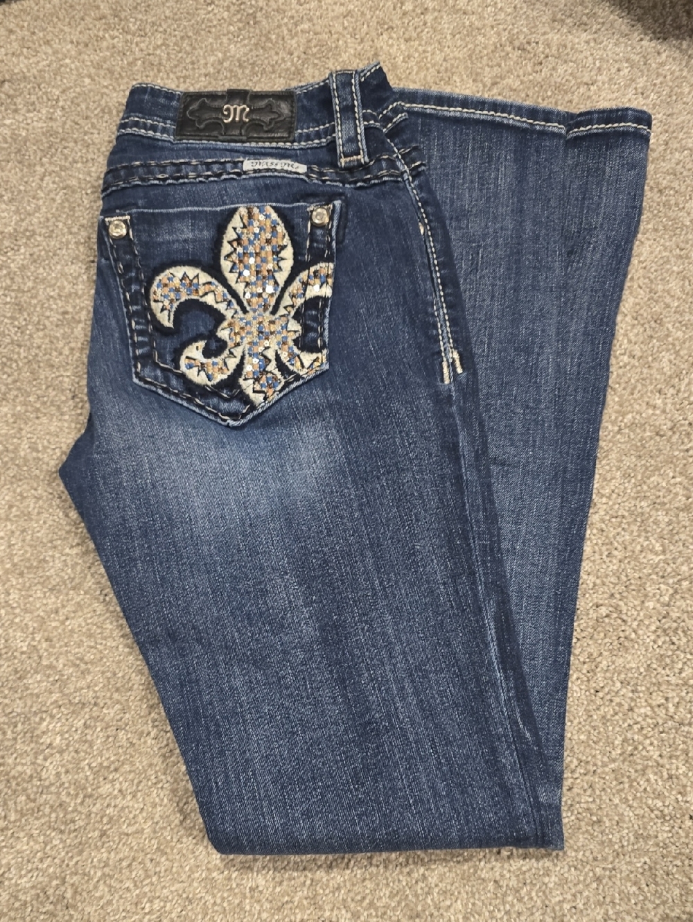 Miss Me Dark Blue Boot-Cut Jeans with Embellished Fleur-de-Lis Pocket